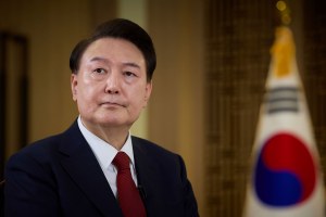 South Korean President Yoon Suk Yeol speaks during a pre-recorded interview with KBS television
